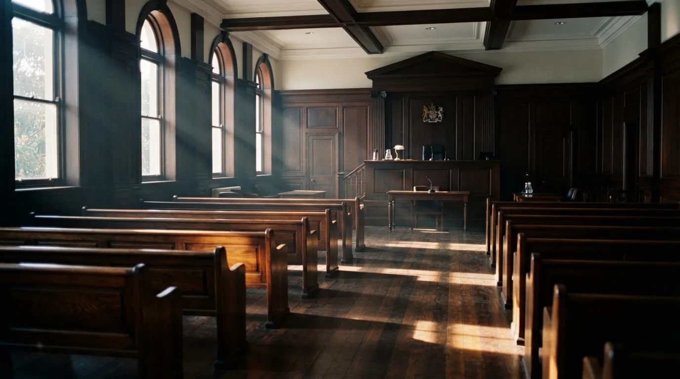 An empty courtroom with wooden benches in morning light