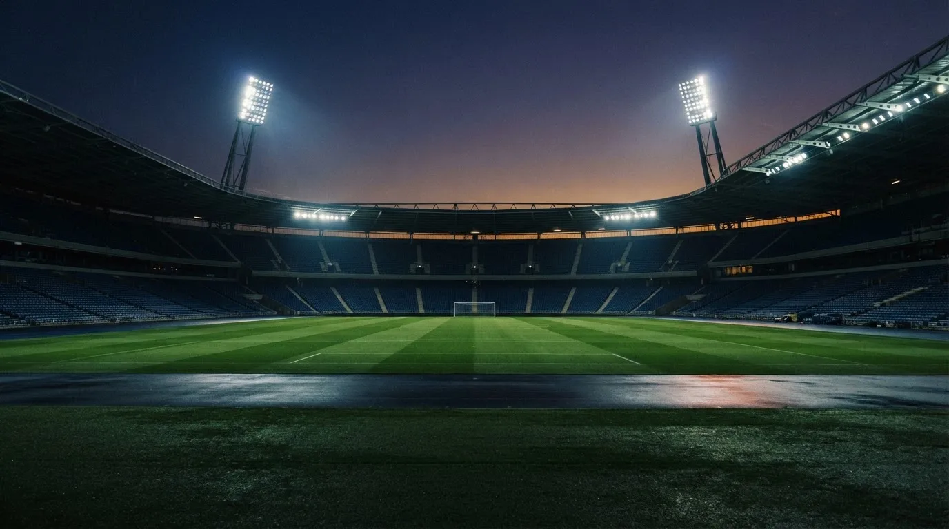 An empty football stadium with floodlight masts at dusk