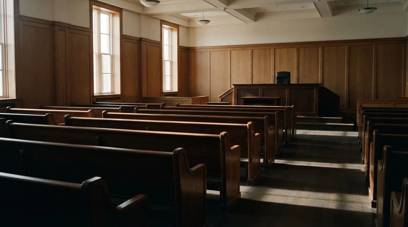 An empty courtroom with wooden benches in morning light