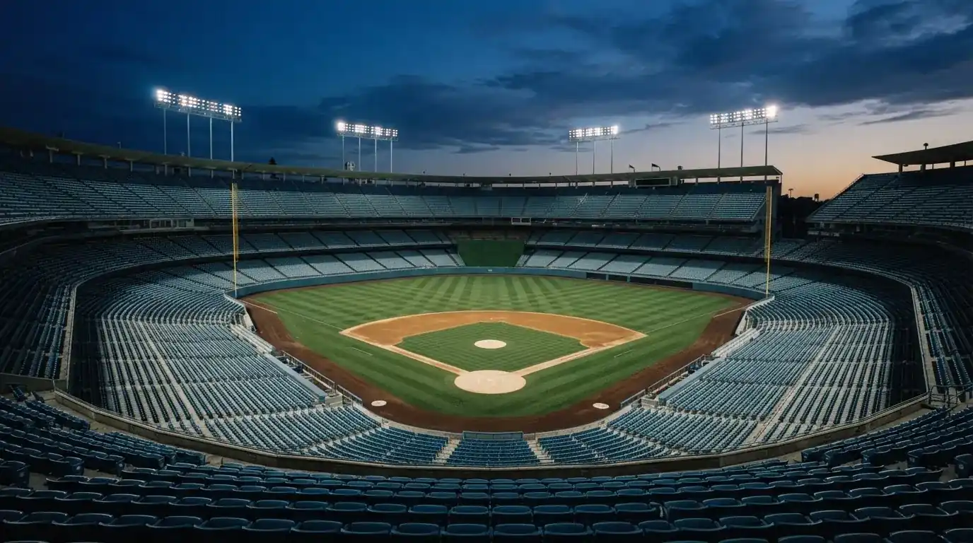 An empty football stadium with floodlight masts at dusk