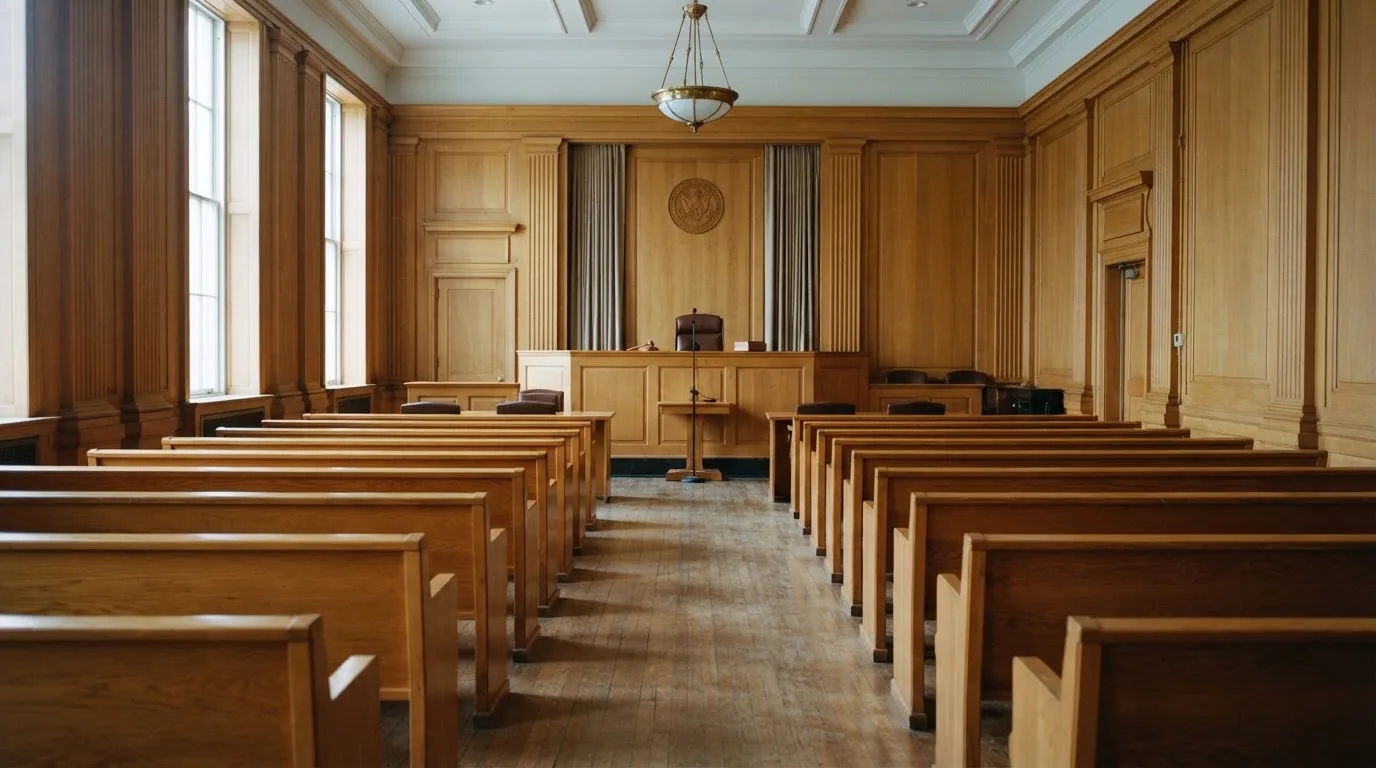 An empty courtroom with wooden benches in morning light