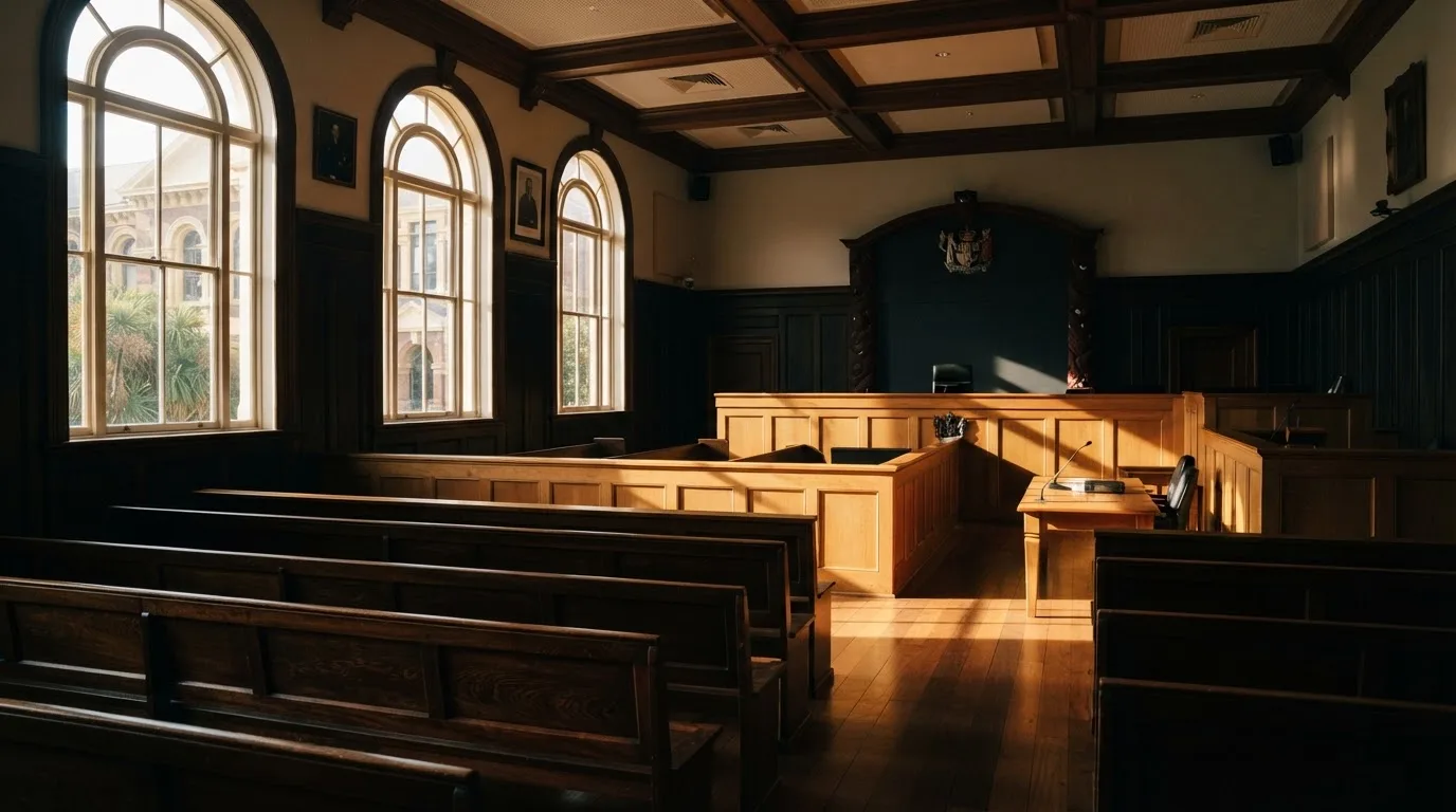 An empty courtroom with wooden benches in morning light