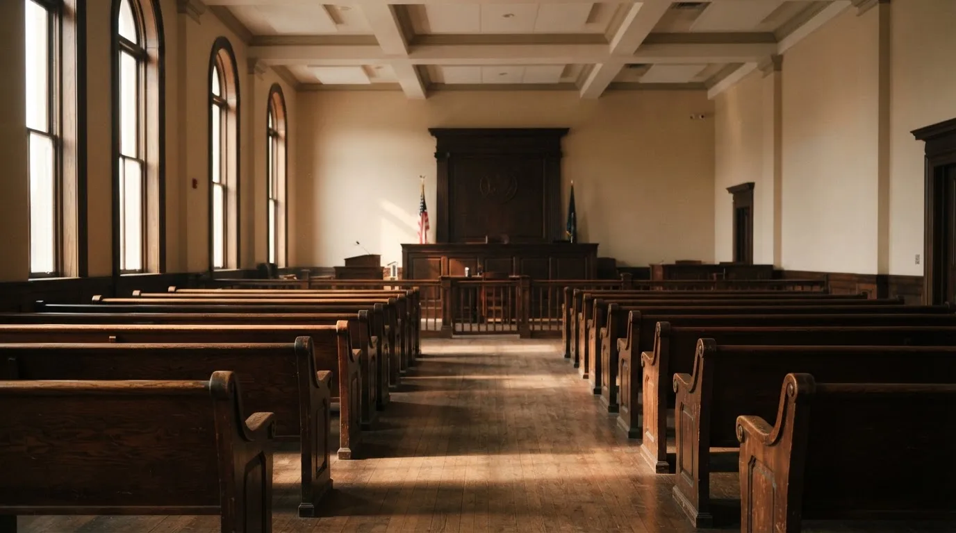An empty courtroom with wooden benches in morning light