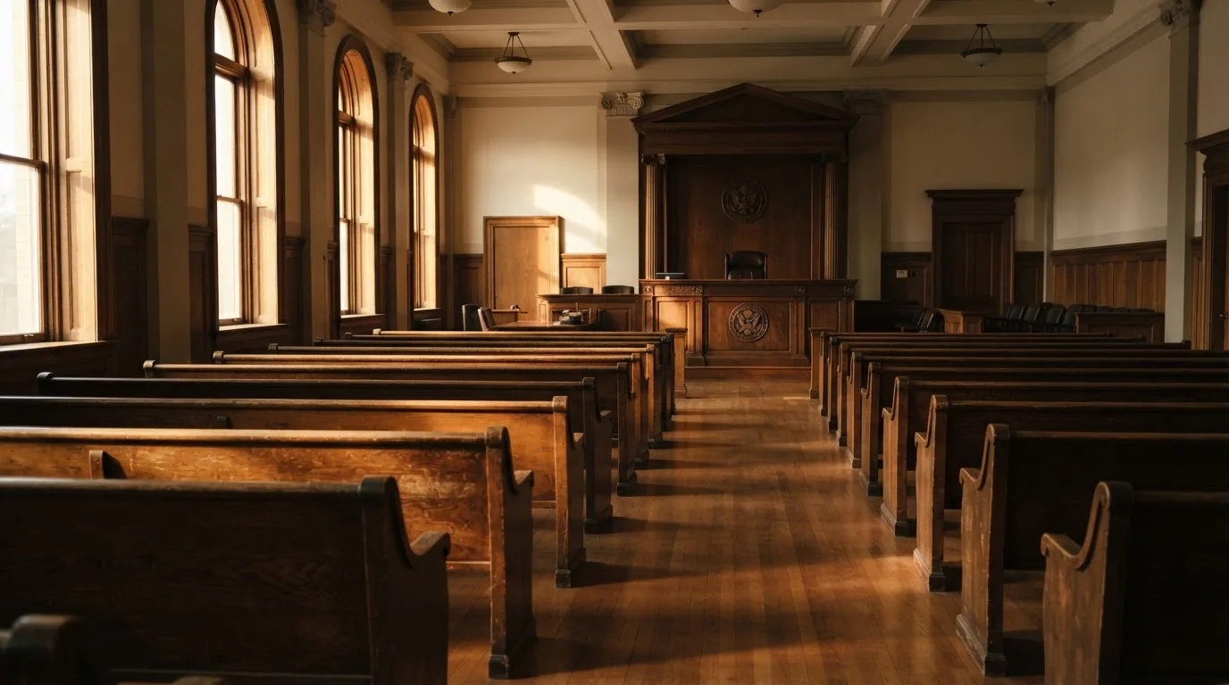 An empty courtroom with wooden benches in morning light