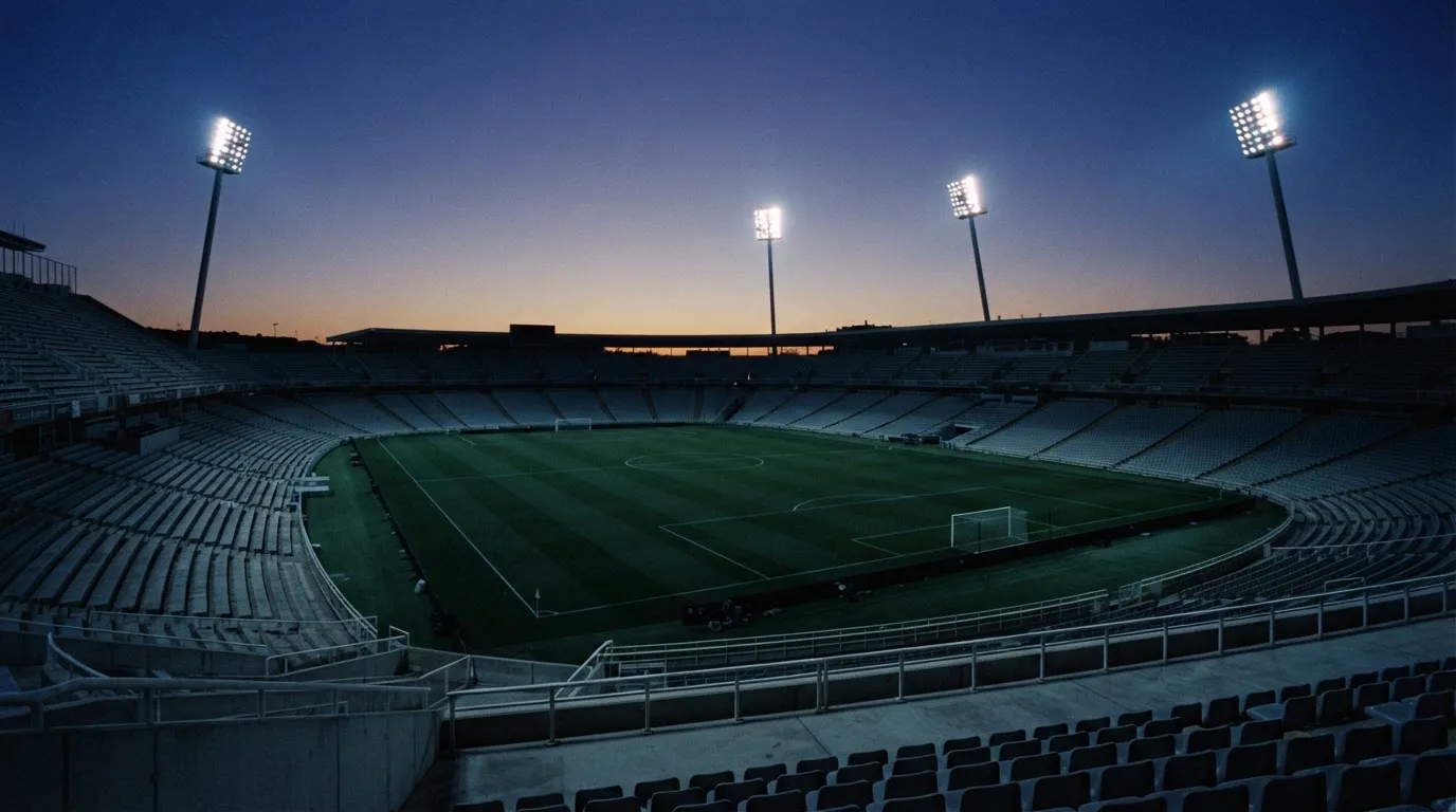 An empty football stadium with floodlight masts at dusk