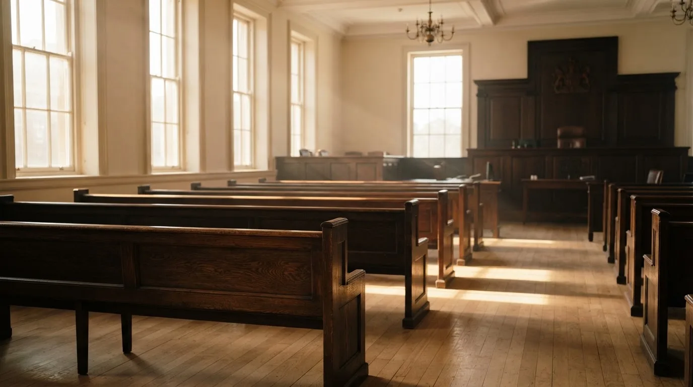 An empty courtroom with wooden benches in morning light