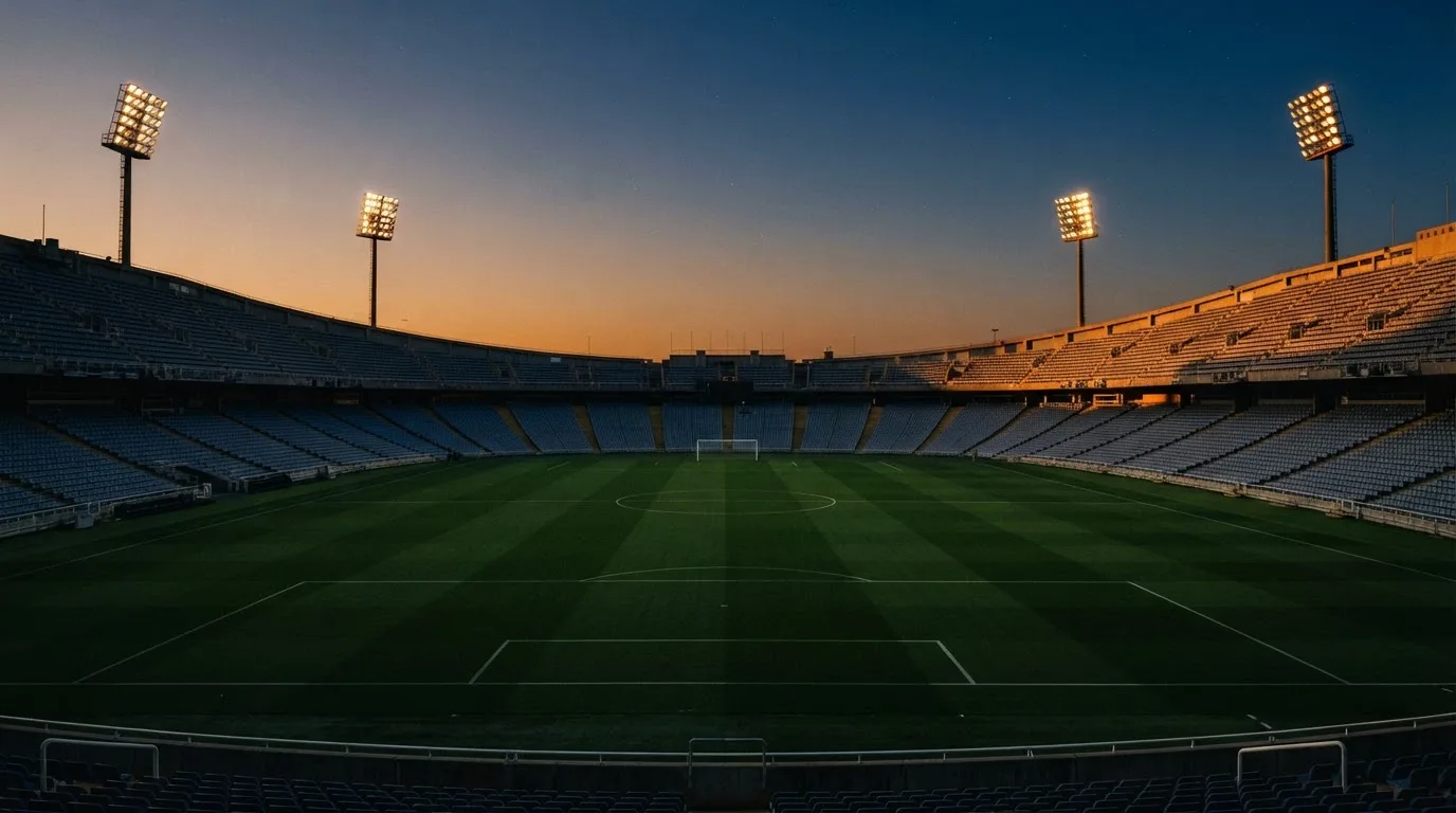 An empty football stadium with floodlight masts at dusk