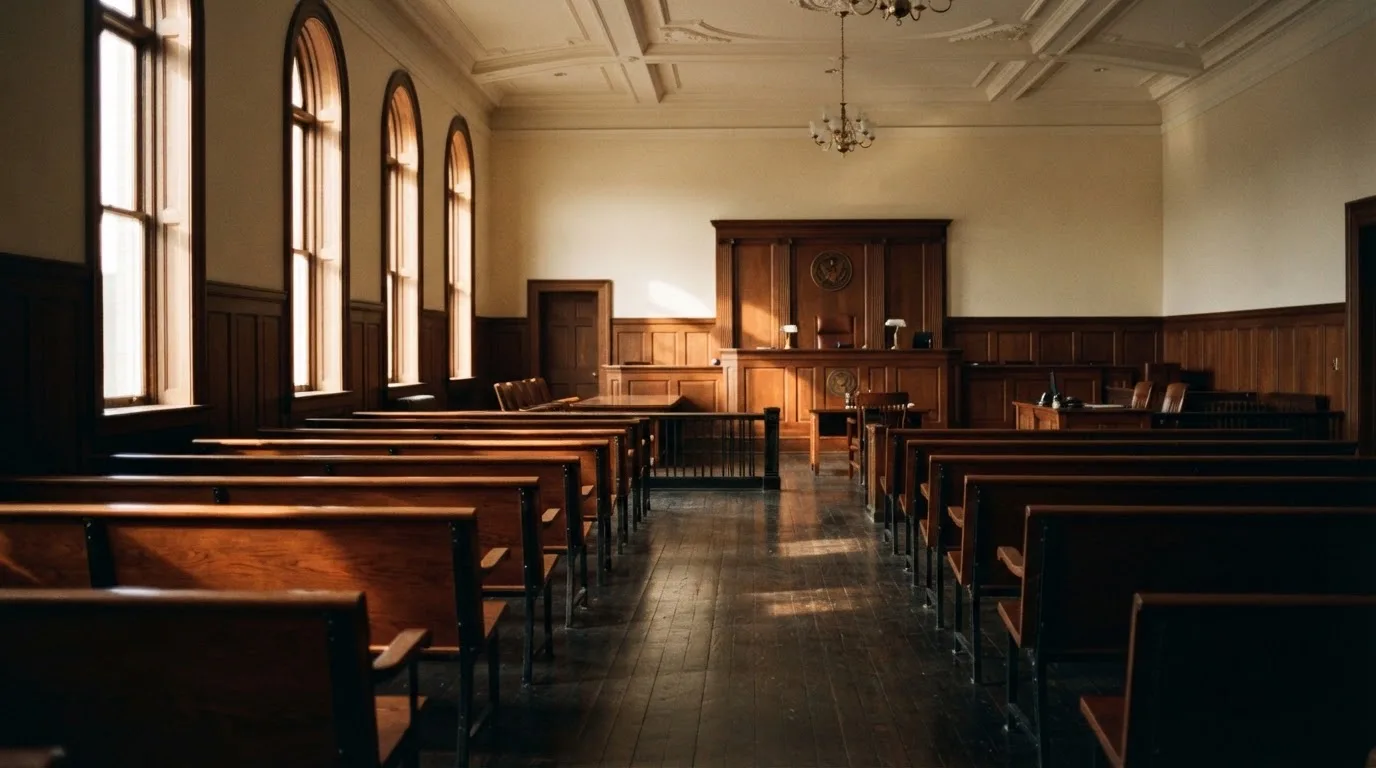 An empty courtroom with wooden benches in morning light