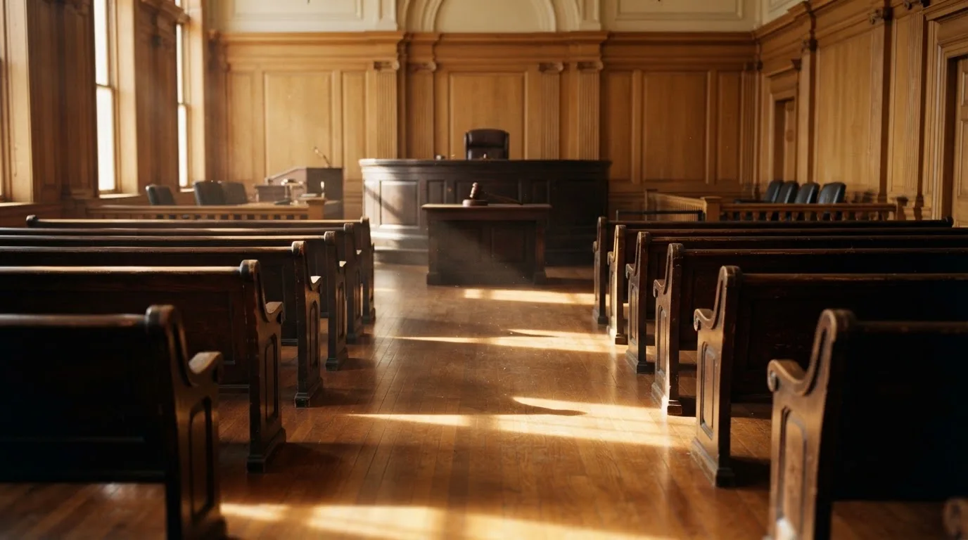 An empty courtroom with wooden benches in morning light