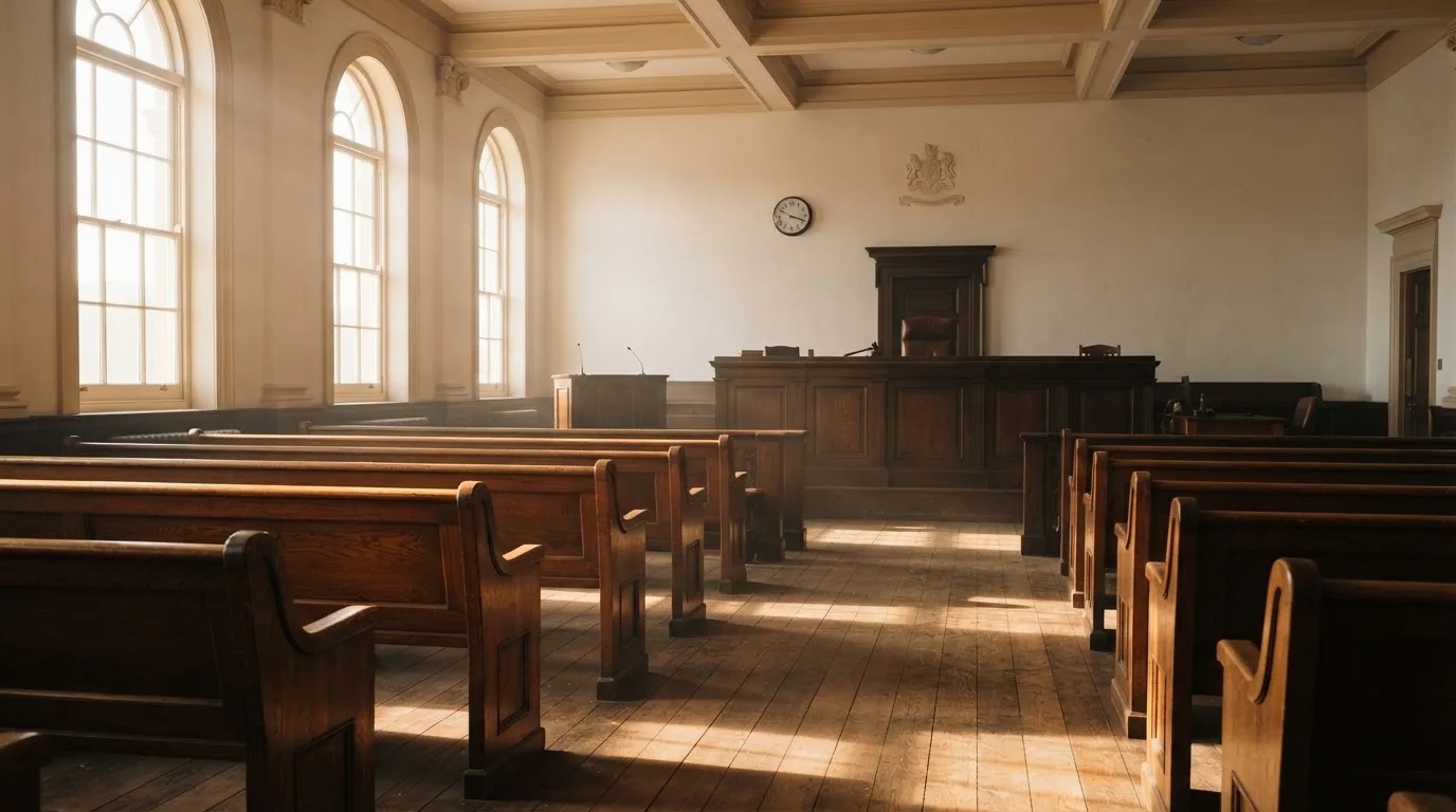 An empty courtroom with wooden benches in morning light