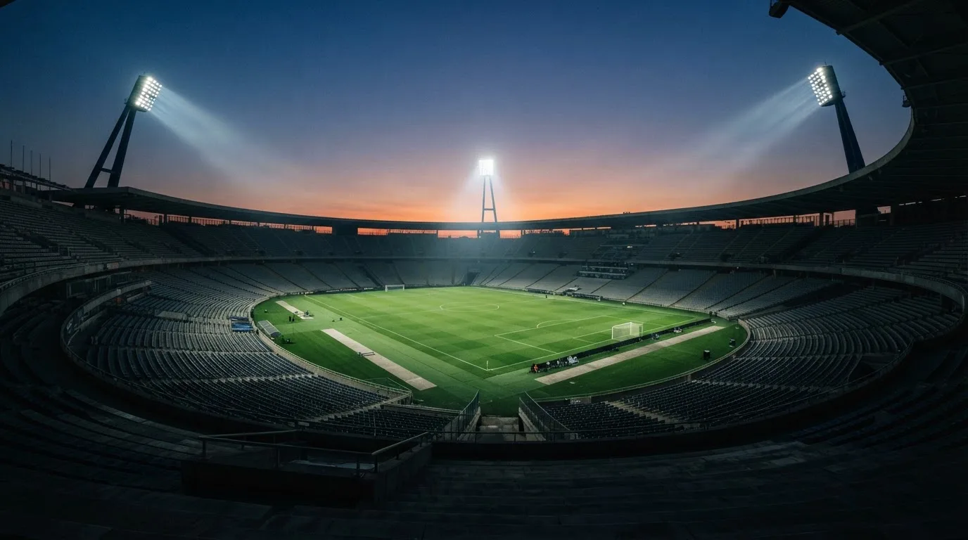 An empty football stadium with floodlight masts at dusk