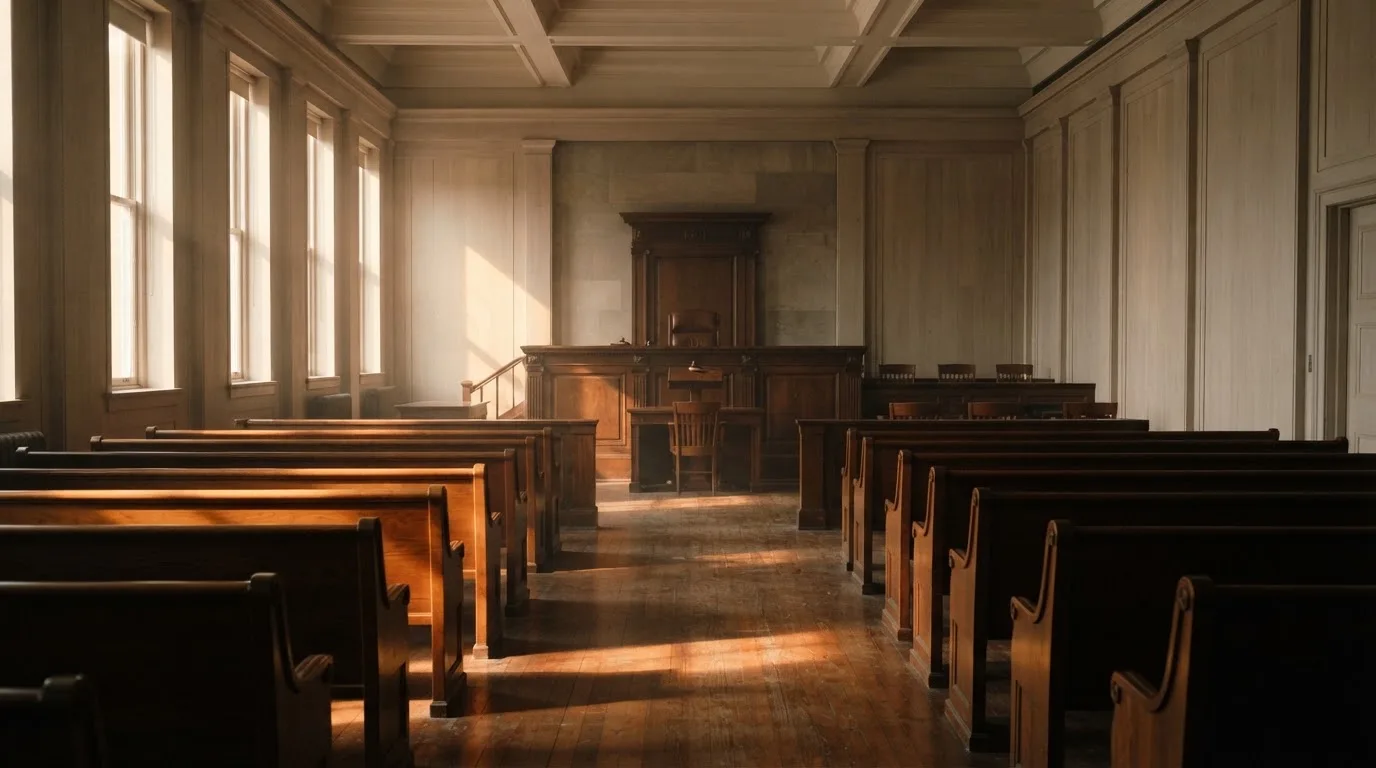 An empty courtroom with wooden benches in morning light