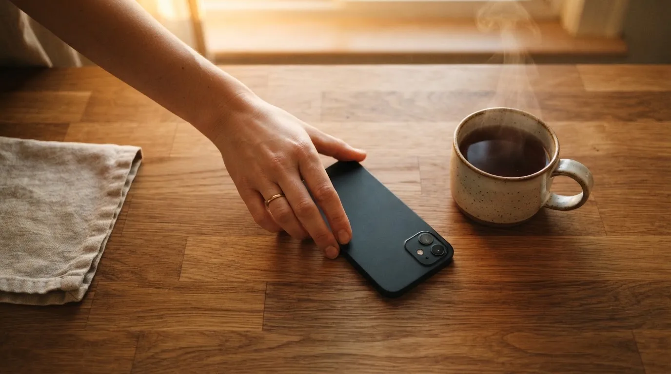 A hand setting a smartphone down beside a cup of tea on a kitchen table on a quiet evening