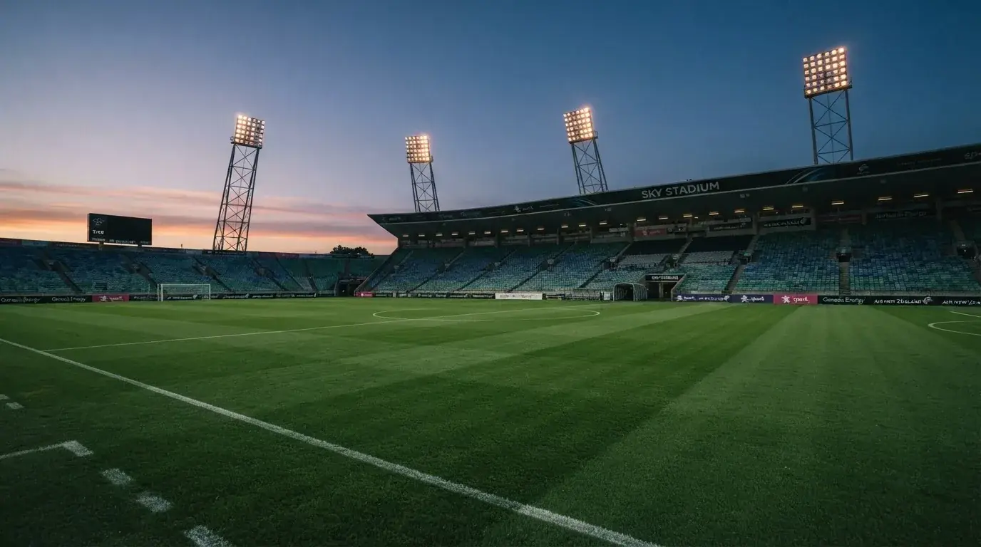 An empty football stadium with floodlight masts at dusk