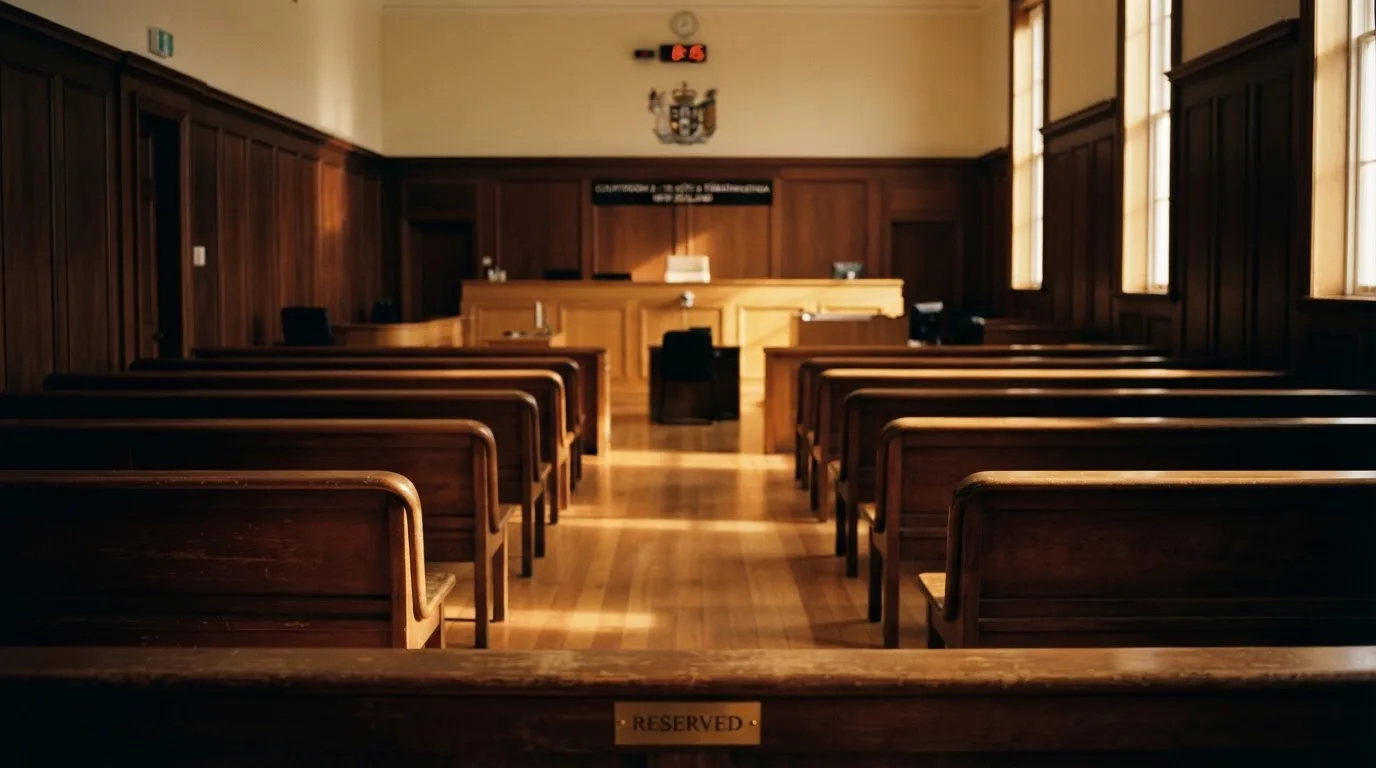 An empty courtroom with wooden benches in morning light