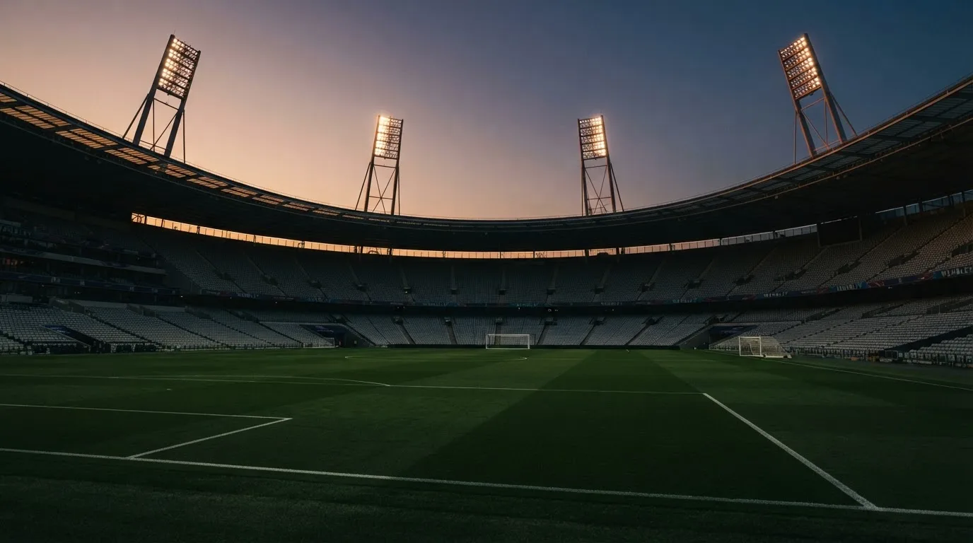 An empty football stadium with floodlight masts at dusk