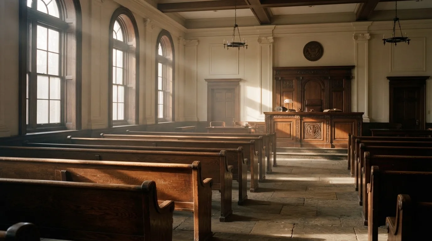 An empty courtroom with wooden benches in morning light