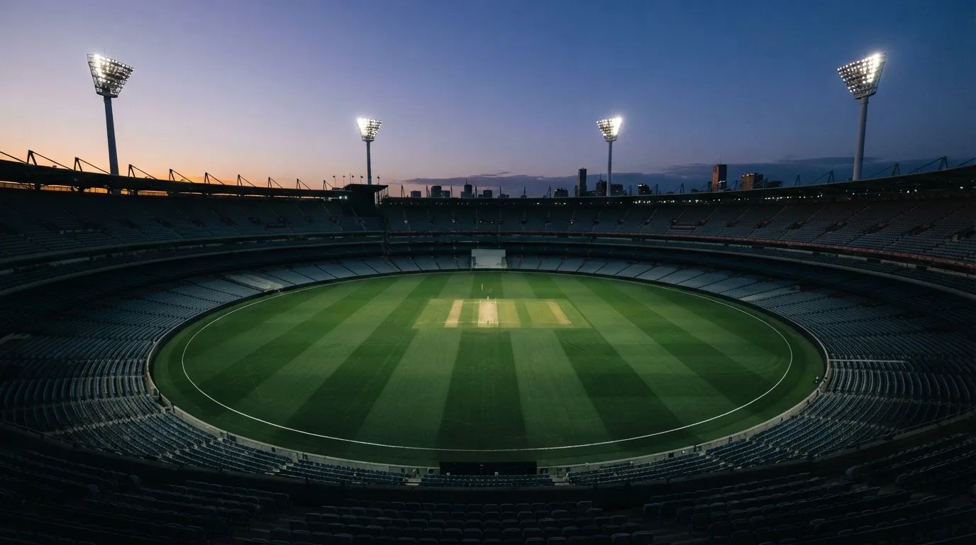 An empty football stadium with floodlight masts at dusk
