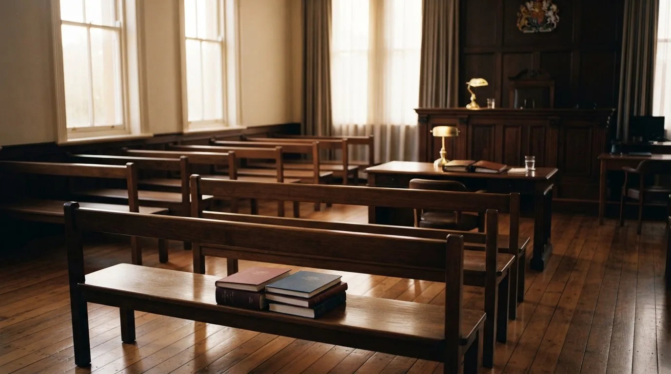An empty courtroom with wooden benches in morning light