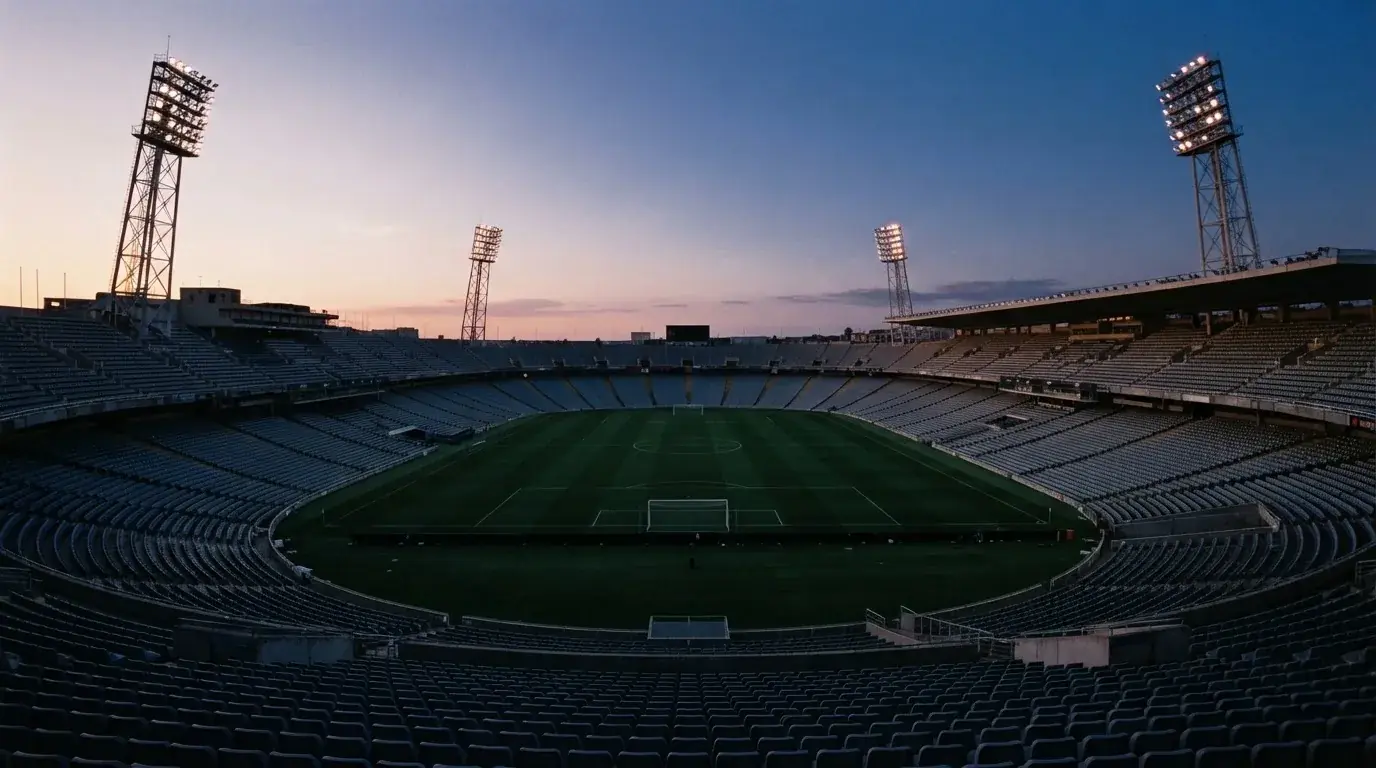 An empty football stadium with floodlight masts at dusk