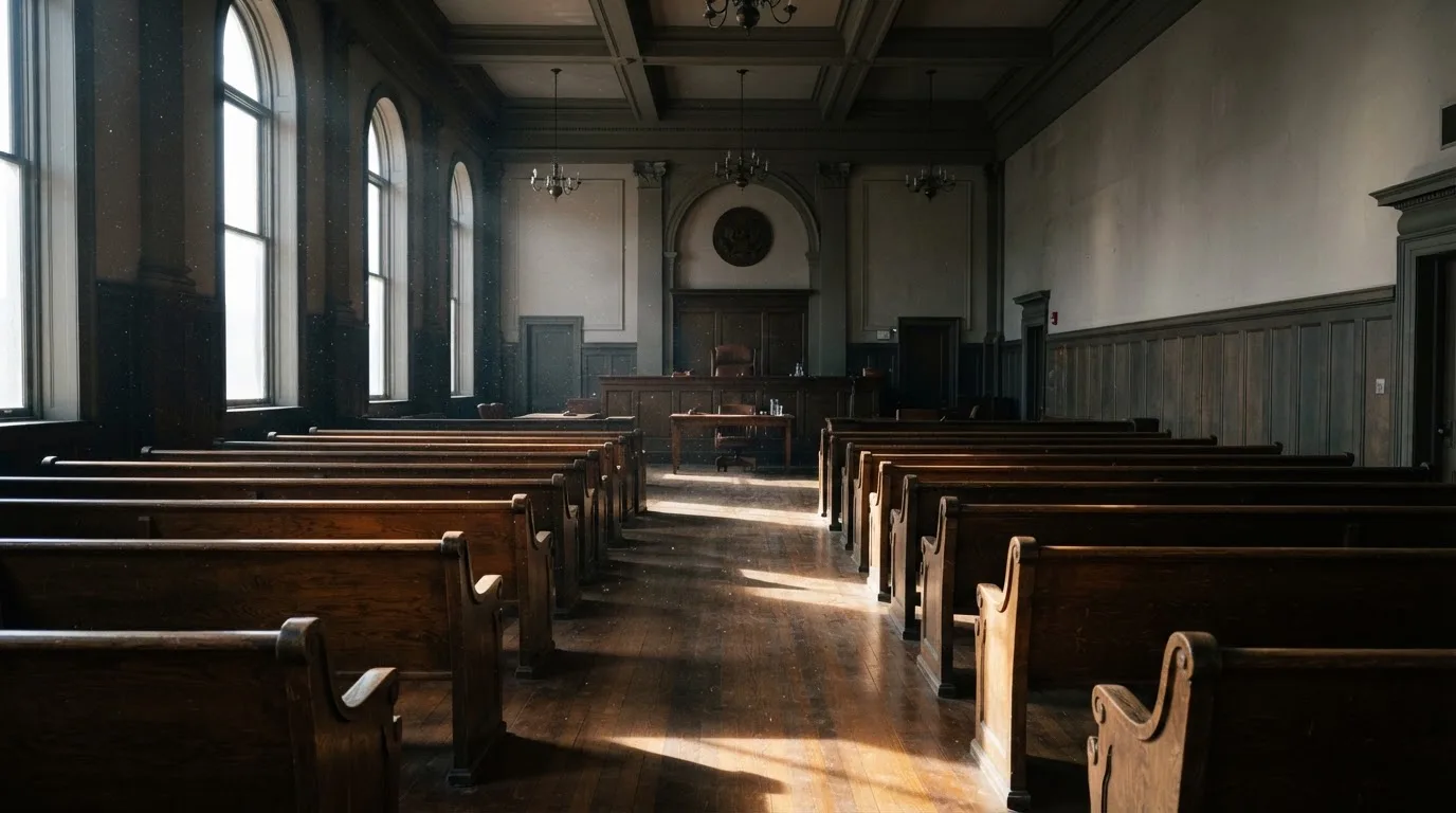 An empty courtroom with wooden benches in morning light