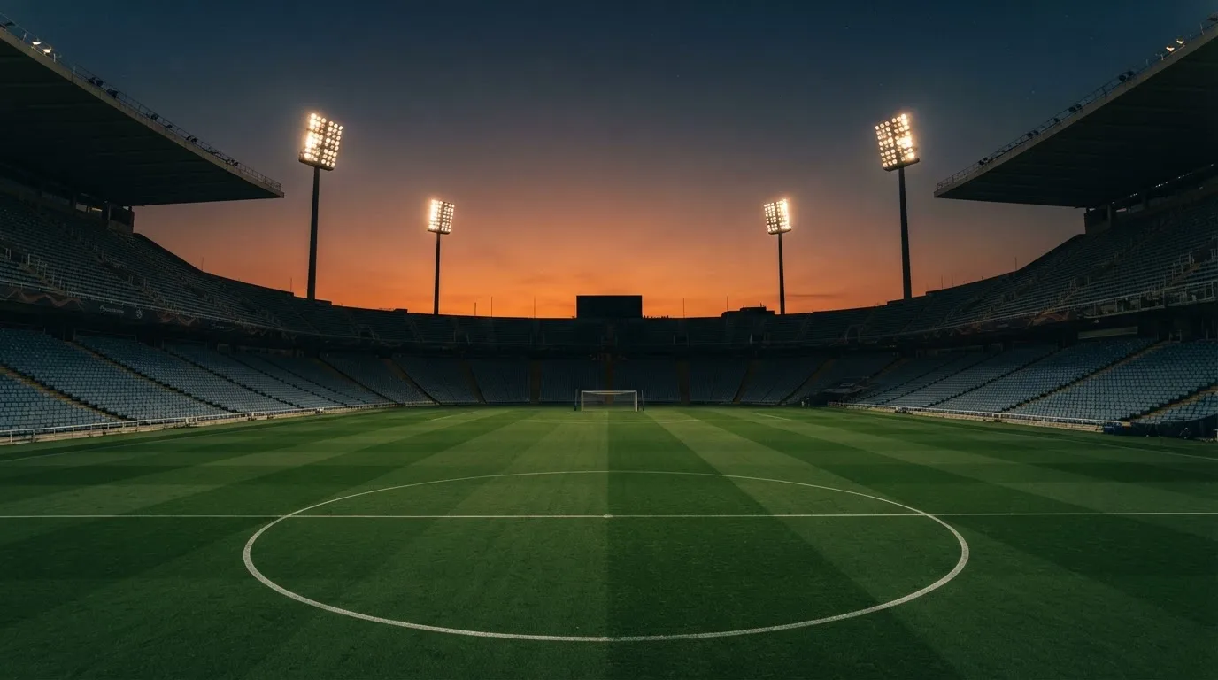 An empty football stadium with floodlight masts at dusk