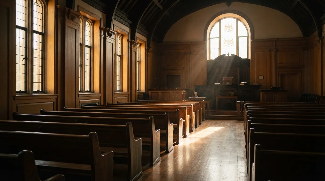An empty courtroom with wooden benches in morning light