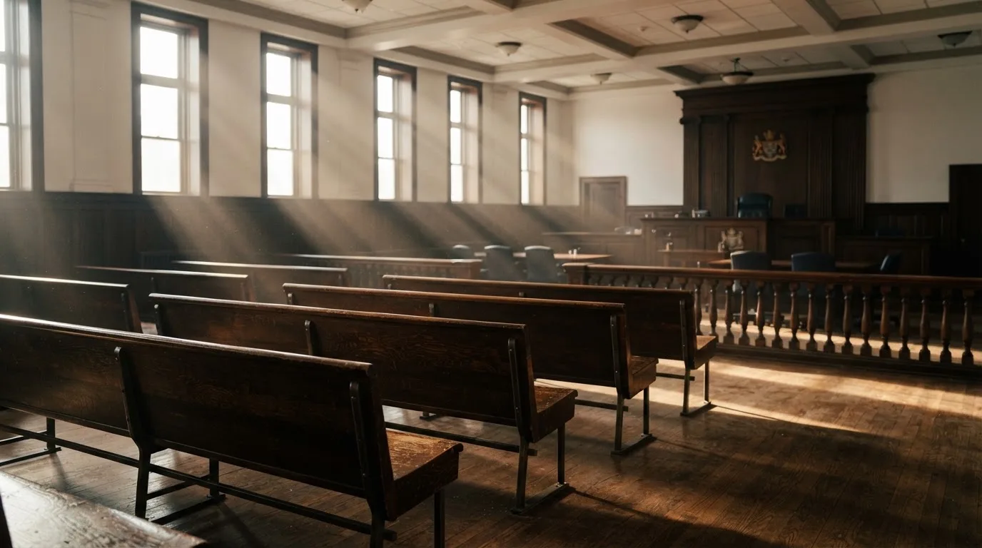 An empty courtroom with wooden benches in morning light