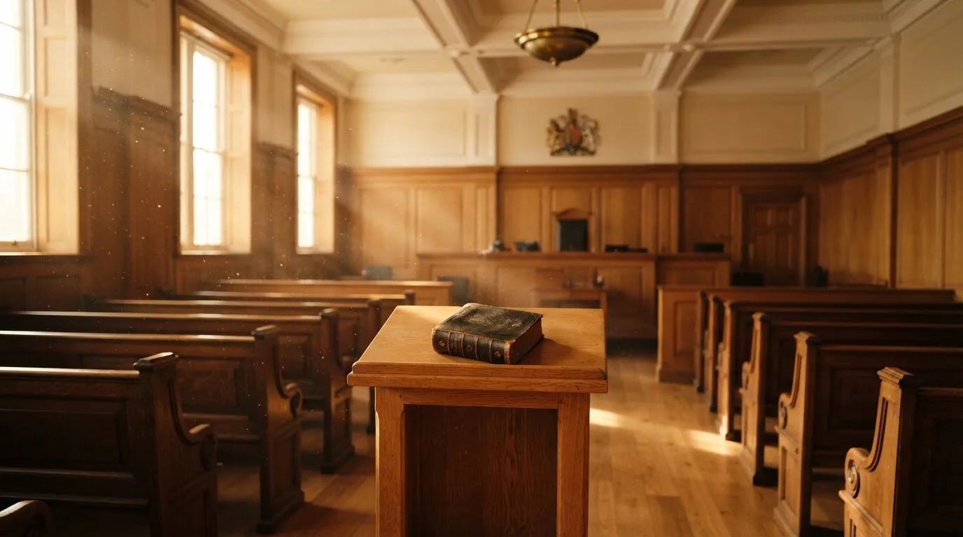 An empty courtroom with wooden benches in morning light