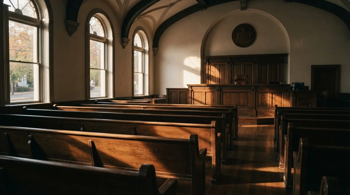 An empty courtroom with wooden benches in morning light