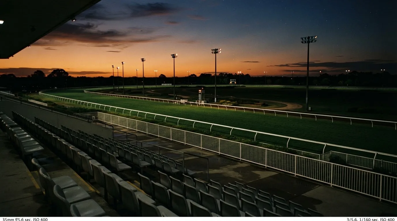 An empty football stadium with floodlight masts at dusk