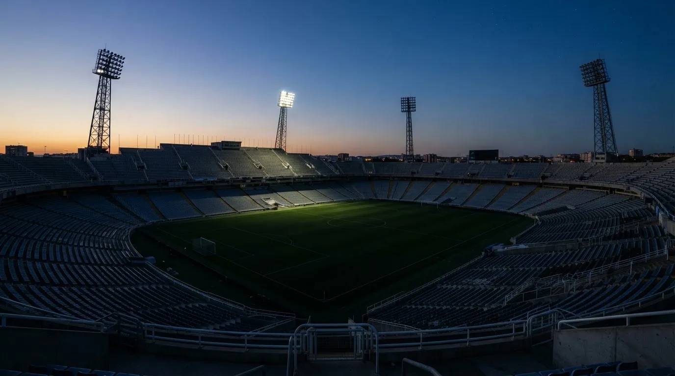 An empty football stadium with floodlight masts at dusk