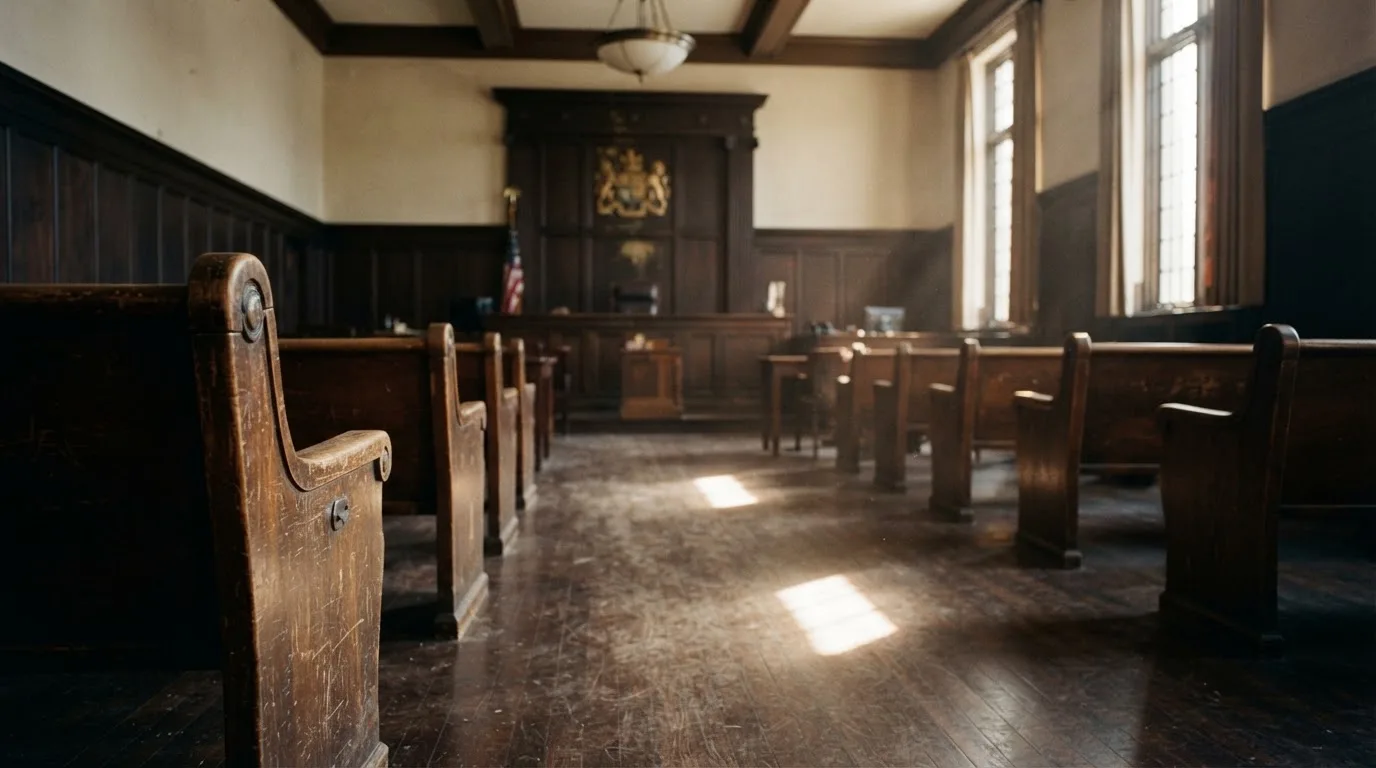 An empty courtroom with wooden benches in morning light