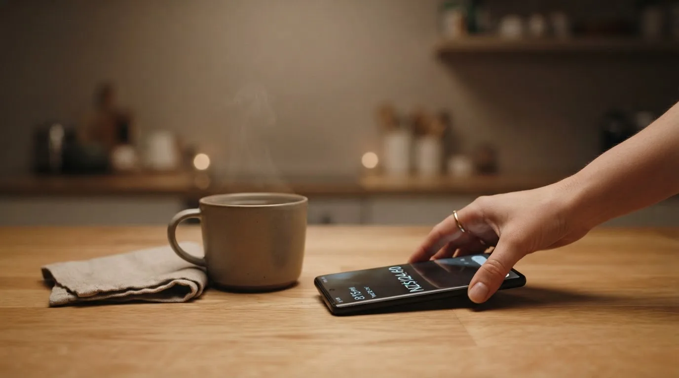 A hand setting a smartphone down beside a cup of tea on a kitchen table on a quiet evening