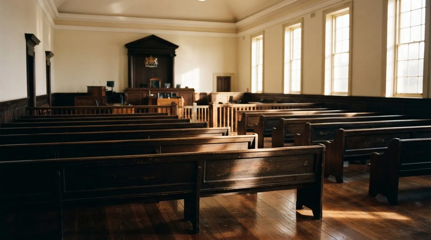 An empty courtroom with wooden benches in morning light