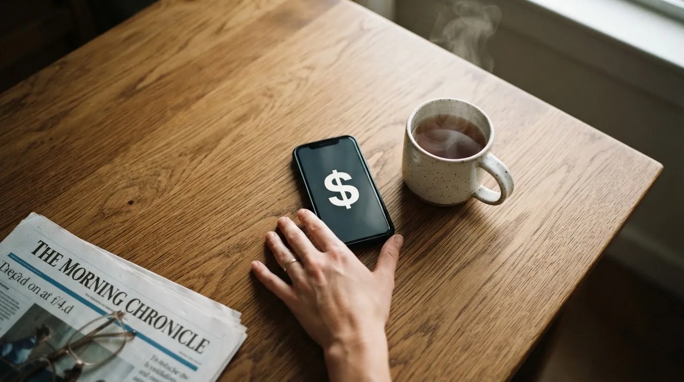 A hand setting a smartphone down beside a cup of tea on a kitchen table on a quiet evening