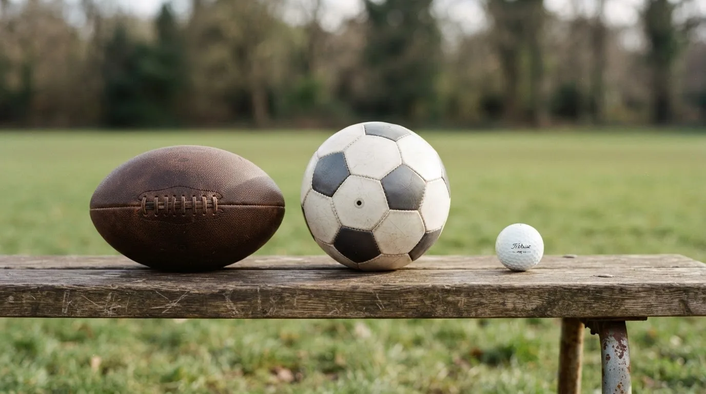 Three balls of different kinds side by side on a wooden bench