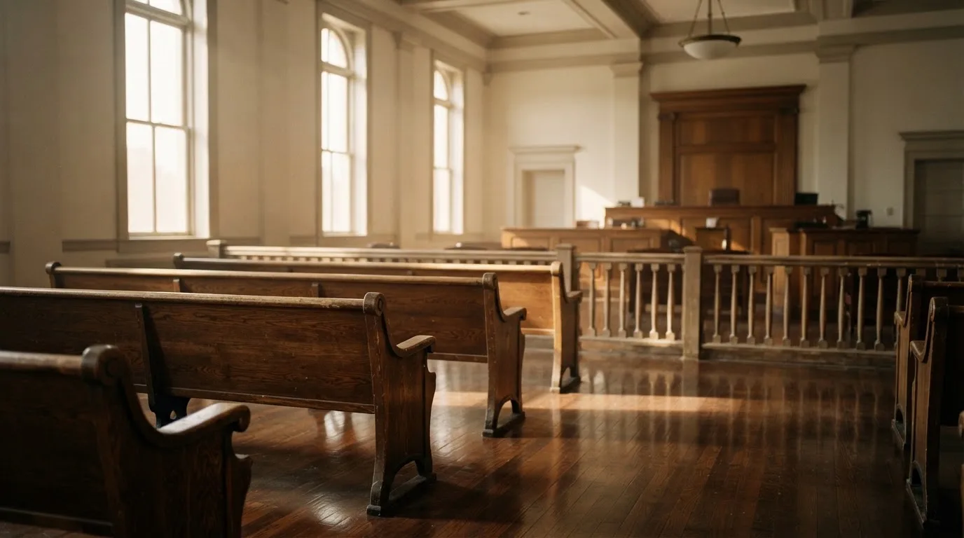 An empty courtroom with wooden benches in morning light