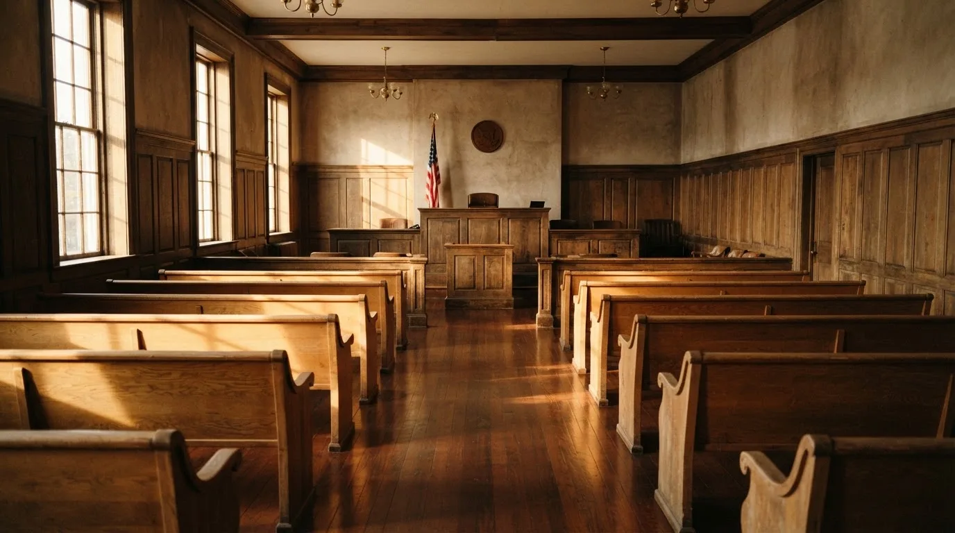 An empty courtroom with wooden benches in morning light