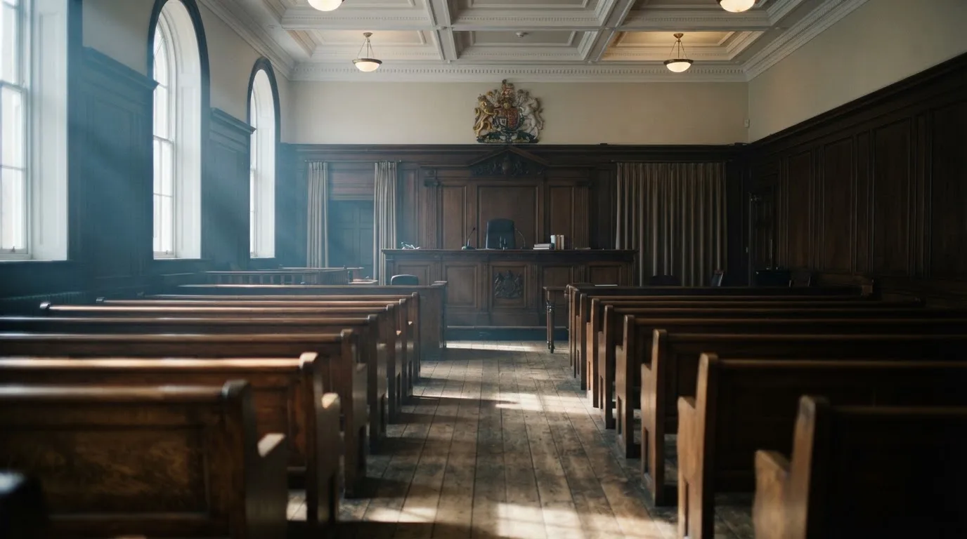 An empty courtroom with wooden benches in morning light