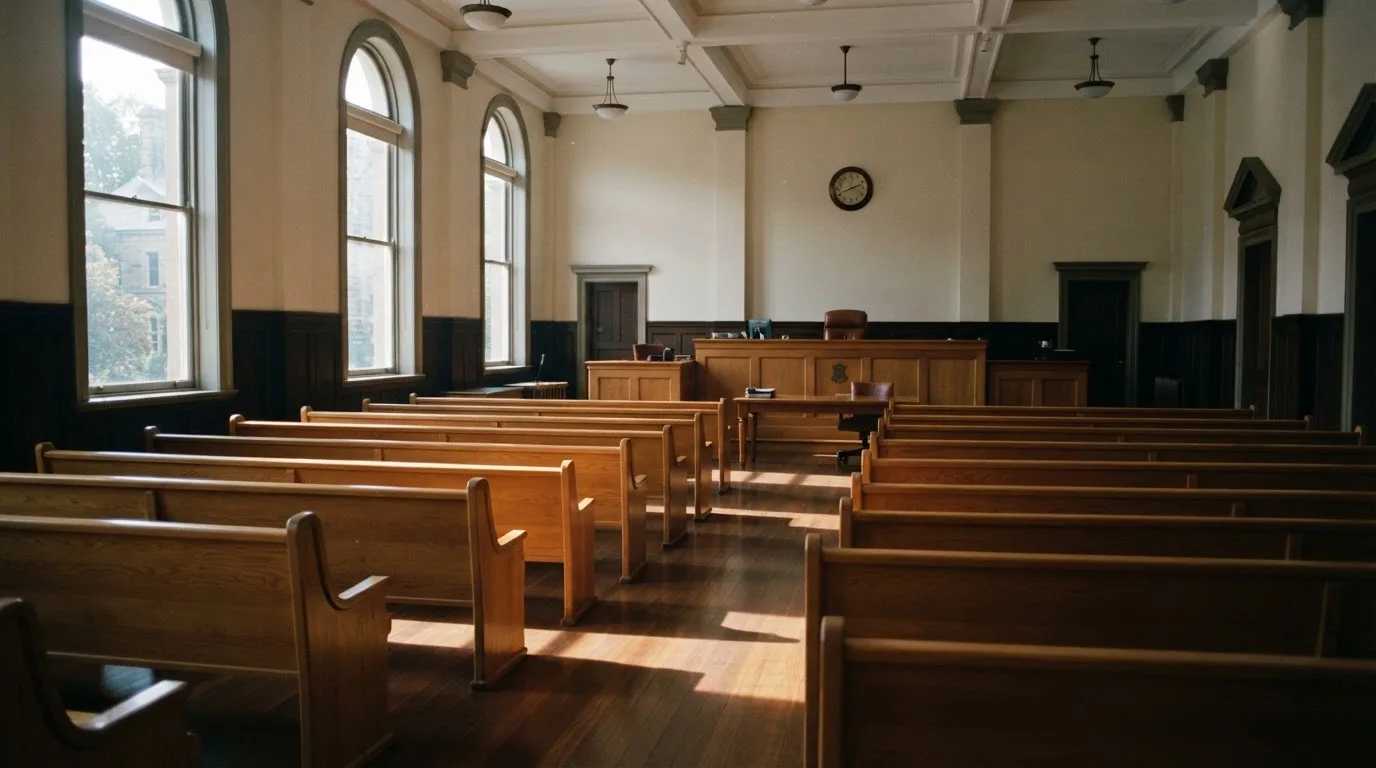 An empty courtroom with wooden benches in morning light