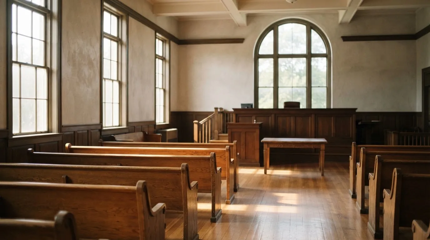An empty courtroom with wooden benches in morning light