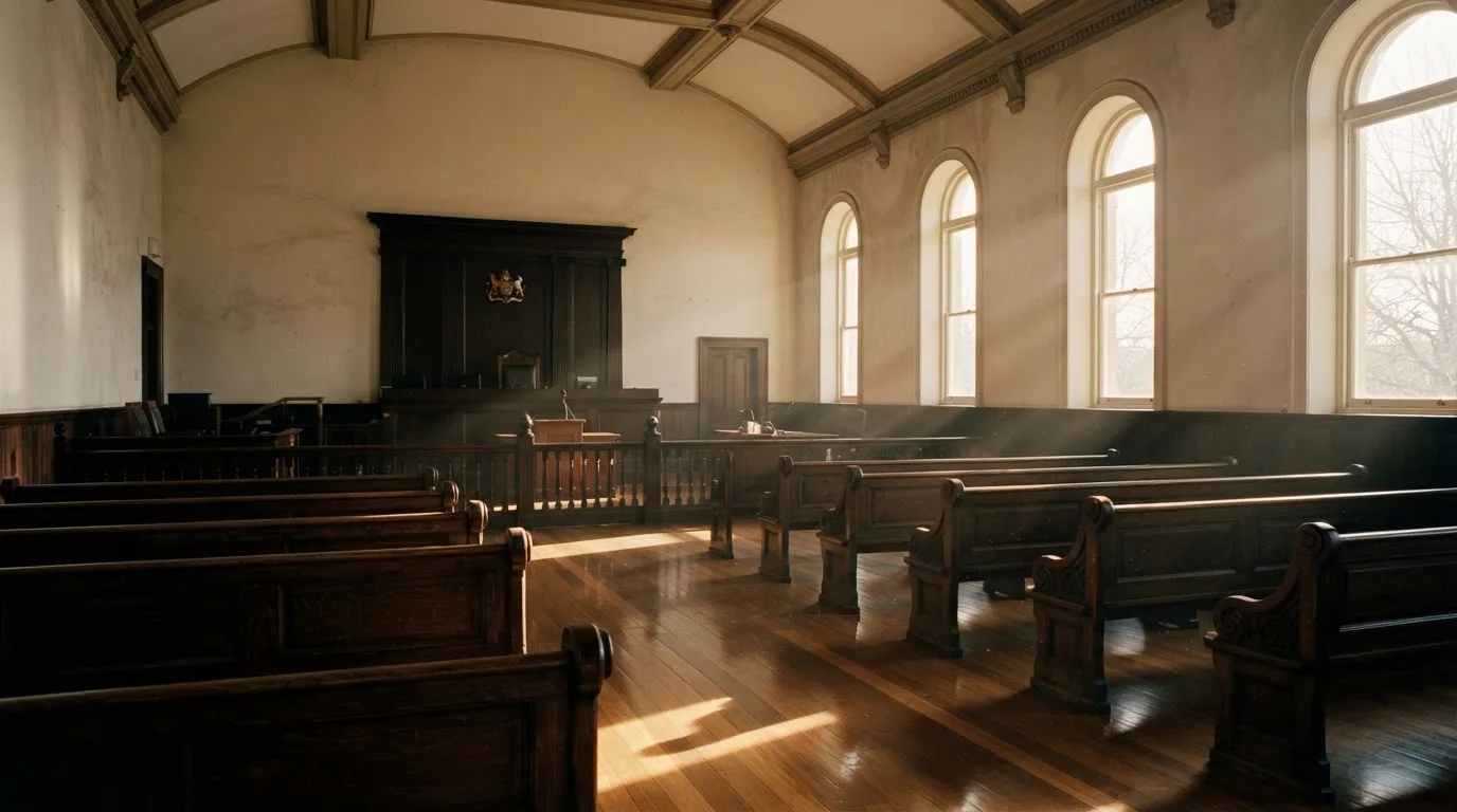 An empty courtroom with wooden benches in morning light